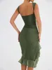 Mozision Elegant Ruffel Ruched Midi Kleid für Frauen Robe Sommer Rückenless ärmellose unregelmäßige Clubparty sexy Kleid Vestido 240419