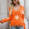 Women's Sweaters Autumn/Winter New Broken Long Sleeve Loose knit Small Flower V-neck Pullover Sweater fashion T Shirt tops