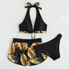 Kvinnor Sexig strandbikinis tre stycken bikini set hög midja baddräkt badkläder bladtryck baddräkt strandkläder bad 240416