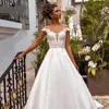 Elegant Satin A Line Wedding Dresses Sheer O Neck Lace Appliqued Boho Sleeves Back Buttons Sweep Train Vestidos De Novia Plus Size YD