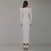 Casual Dresses Elegant Solid Ruched Maxi Autumn Spring Sexy Square Collar Full Sleeve Front Slit Hip Skinny Party Vestidos Robes