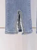 Jeans pour femmes High Quality Luxury Street 2024 Été Perle Slit Micro-Cropped High-Waistled Fared Pantal