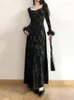 カジュアルドレスエレガントなヴィンテージスタイルフローラルドレス韓国ファッションスクエアカラー長袖オールマキシ2024春