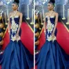 2024 Blue Royal African Girl Robes Sirène Satin Satin Gold Lace Applique Listed Boue de soirée Custom MakEd