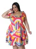 Plus size elastische mini -jurk dames elegante print lente zomer nek mouwloze jurken groothandel druppel 240411