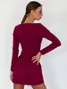 Casual Dresses Chic Red Women Mini Dress Elegant Square Neck Long Sleeve Slim Fit Office 2024 Spring Autumn Women's Blue Club Party