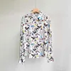 Fresh Sweet Loose Lapel Silk Shirt Art Abstract Pattern Printed Womens Long Sleeved Top