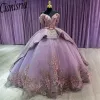 LILAC 3D Fleurs paillettes Appliques en dentelle Quinceanera Robes Ball Robe de l'épaule Ruffles Corset Vestidos de 15 anos