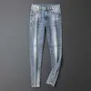 Men's Jeans Designer Light blue embroidered jeans men's fashion slim legged summer Capris KK8726G