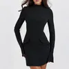 Casual Dresses QWEEK Vintage Elegant Office Ladies Dark Blue Sexy Mini Dress Women Commuting Bodycon Club Party Short 2024 Spring