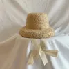 Hats Summer Sun Hat for Big Girls Ręcznie poszarpane Raffia retro Flat Top Travel Suncreen Vacation z sznurowaniem