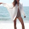 Kvinnors blusar Casual Beach Blus Solid Color Shirt Loose Top Long Sleeve Lapel Woman Cover Ups Cardigan Mid Clothing Vacation Wear