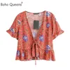 Women's Blouses Boho Queens Happie Women Bow Neck Floral Print Bohemian Blouse Kimono Short Sleeve Rayon Shirts Blusas Female Oversize