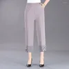 Pantalon féminin d'été femmes minces couchés élastiques hauts style chinois hétéro brodé femelle d'âge moyen décontracté