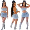 Abiti da lavoro Sexy Pearl Denim Set da 2 pezzi da donna Outfit Festival abbigliamento abbottoni Top senza spalline e Mini Skirt Party Club Matching