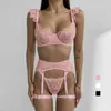 Bras Set Lovermore Laceury Lace Sexy Lingerie Mesh à broderies Floral Ruffles Transparent Sensuelle Exotique avec Garters 5 pièces