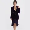 Casual jurken Purple Velvet Dress Women V-Neck lange mouw ruche midi elegant kerstjaar voor 2024