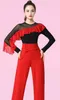 Stage Wear Latin Dance Top Modern Jitba Costume Set Mesh Flowing Wavy Sleeves Red Mid Sleeve Skirt