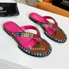 Tofflor diamant färgglada strass kvinnor platt klack äkta läder kristall juvelerade slip-on flip flops sommar