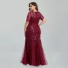 Women Plus Size Sequin Mesh Embroidery Mermaid Evening Dress Formal Short Sleeve Elegant Party Prom Gowns Long Dress 240403