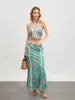 WSEVYPO Green Floral 2Pieces Robe Set Fichens Summer Party Streetwear Costless Sans manches Halter Backless Vestlong Jupe 240410