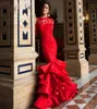2016 Sexy New Long Evening Dresses Lace Bateau Neck Long Sleeves Open Back Mermaid Court Train Tiered Formal Party Prom Pageant Go8644840