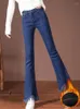 Frauen Jeans dicker schlanker samtig gefütterte Flare Hosen Winter Quasten Design warmes Vaqueros Trouseers mittelhüftet großer Größe Denim Broek