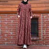 Ropa étnica mujeres maxi vestir eid musulmán abayas estampado de cuello de cuello de cuello largo retro zumba marruecos suelto plisado plisado con bolsillos femme