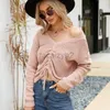Women's Sweaters Outwear versatile top with drawstring irregular solid color knit shirt Sexy V-neck long sleeved sweater fashion T Shirt tops