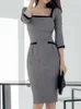 Casual Dresses Aoaiiys Grey For Women High Waist Spliced Fashion Slim Knee-Length Dress Korean Office Lady Vintage Elegant Summer
