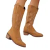 Femmes broderie de chevaliers bottes Femmes Rétro orteil carré Pu Leather Knee Boots Femme Femme Winter Western Cowboy Botas Mujer 240408