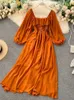 Grundläggande avslappnade klänningar Kvinnor Chiffonklänning Ny 2020 Spring Autumn Puff Sleeve Square Neck Vintage Dresses Ladies Elegant Party Dress Beach Wear 240419