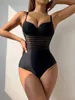 Swimwear féminin 2024 MAINTRATION NOIR BLACK Femmes One Piece Solid Halter Push Up Up Bounded Mesh Mesh Patchwork Slim Tamim Control Beachwear