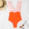 Swimwear Women 2024 Ruffle V-Neck One Piece Swimsuit Femmes Patchwork Patchwork Beach Wear Fssuel Body Body Body Body Femme