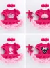 2024 Nieuwe 2024 Summer Girl Cartoon Korte mouwen Rose Red Red Jurk Three Pally Set voor kinderrok