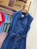 Dames Trench Coats Designer Dameskatoen mouwloze lange windjager Blue RJP4