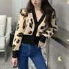 Malhas femininas suéter de leopardo da moda fêmea cardigans v pesco