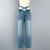 Jeans pour femmes 4.2 Klasonbell High Street Chic Criss-Cross Sashs Flower Design Pantalon de jean lavé Low Waist All-Matches Straight