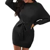 Casual Dresses Women's Long Sleeve Knitted Women Winter Autumn 2024 O-Neck A-line Mini Dress Sexy Thicken Short Sweater Black