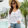 Women's T Shirt sexy Tees Women's Spring/Summer New Long Sleeve Pullover Thin Knit Cover Up Casual Loose V-Neck Hollow out Knit Shirt Plus Size tops