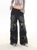 Damesbroeken Chicever Patchwork Chain Jeans for Women High Taille Splited Pockets Hollow Out Hit Color Spring Streetwear Vrouw 2024