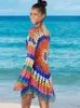 Basic Casual Dresses Bikini Cover Up Rainbow Crochet Top Handmade gebreide strandjurk met lange mouwen Zomer mode zwemkleding Tuniek Topkwaliteit 240419