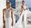 Halter Lace Appliqued A Line Wedding Dresses Summer Beach Boho High Sli diviso Sleevelessing Simples Simple Brides Abito da ricezione YD