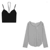 Work Dresses Sexy Halter Camisoles Sets Women Long Sleeve T-shirts Y2k Loose Thin Sun-proof Sweet Girlish Streetwear Korean Fashion Clothing