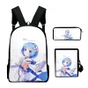 Sac à dos anime re: la vie dans un monde différent de zéro 3d imprimé sac à dos enfants garçons girls scolaire carton carton sac à dos latpop sac