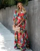 Plus storlek kvinnor sommar lös kimono maxi klänning wrap v hals 34 ärm blommig tryck slits långa klänningar 240412