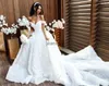 African Customized Wedding Dresses with Detachable Train Lace Appliques Off The Shoulder Wedding Gowns Sweep Train Arabic Bridal Dress