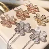 Designer Brand Van Three Leaf Flower Necklace 925 Sterling Silver مطلي مع 18 ألف ذهبية مرصعة بالألماس بتلات كاملة بتلات قلادة