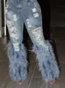 Fashion Womens Jeans Tassel trous Vitnage Feather High Taist Y2K Streetwear Casual Denim Pant Spring Skinny Hollow Out Pantmand 240417