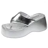 Slippers Silver PU Leather Chunky Flip Flops Women Fashion High Wedges Thong Sandals Summer Non-Slip Thick Sole